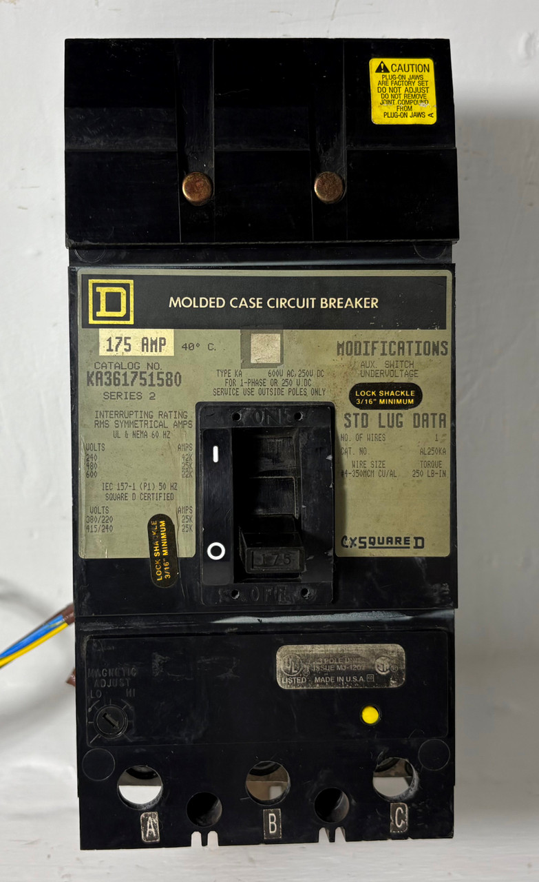 Square D I-Line KA361751580 175A Circuit Breaker w/ Aux & UVR KA 3P 600V 175 Amp (EM5740-2)