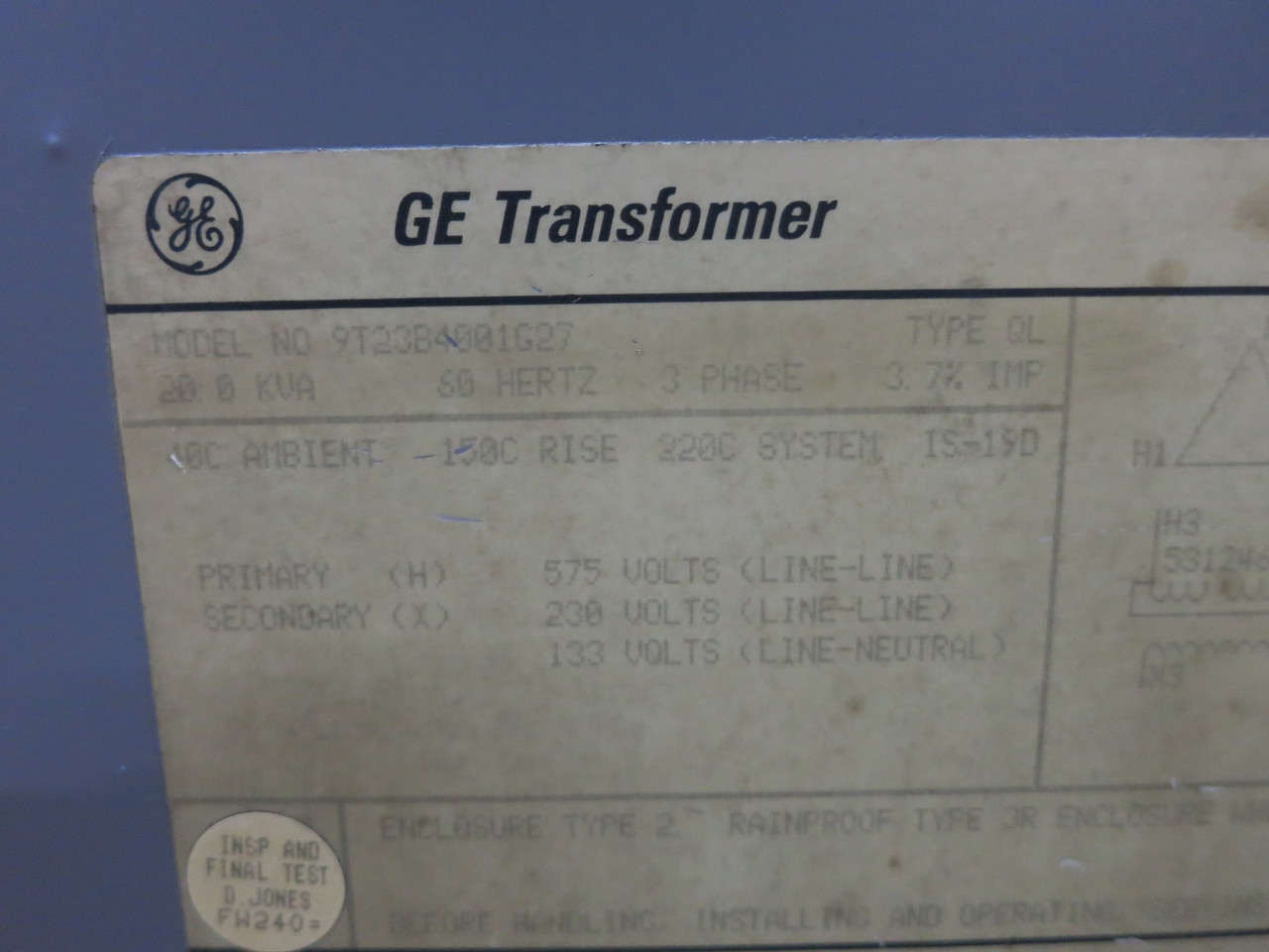 GE 20 kVA 575 Delta to 230Y/133 V 3PH Dry Type Transformer 575V - 230 V (DW7774-1)