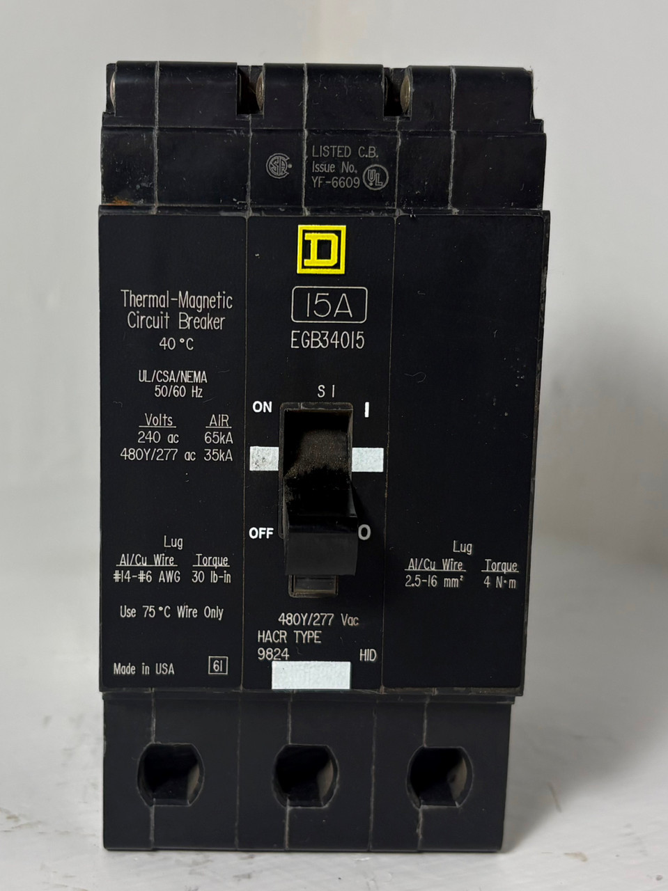 Square D EGB34015 15A Circuit Breaker 3P 480Y/277V Type EGB 15 Amp HACR (EM5742-4)
