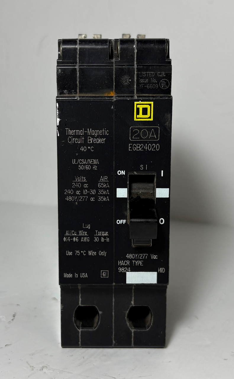 Square D EGB24020 20A 2P Circuit Breaker 480Y/277V EGB 20 Amp 2 Pole YF6609 HACR (EM5746-1)