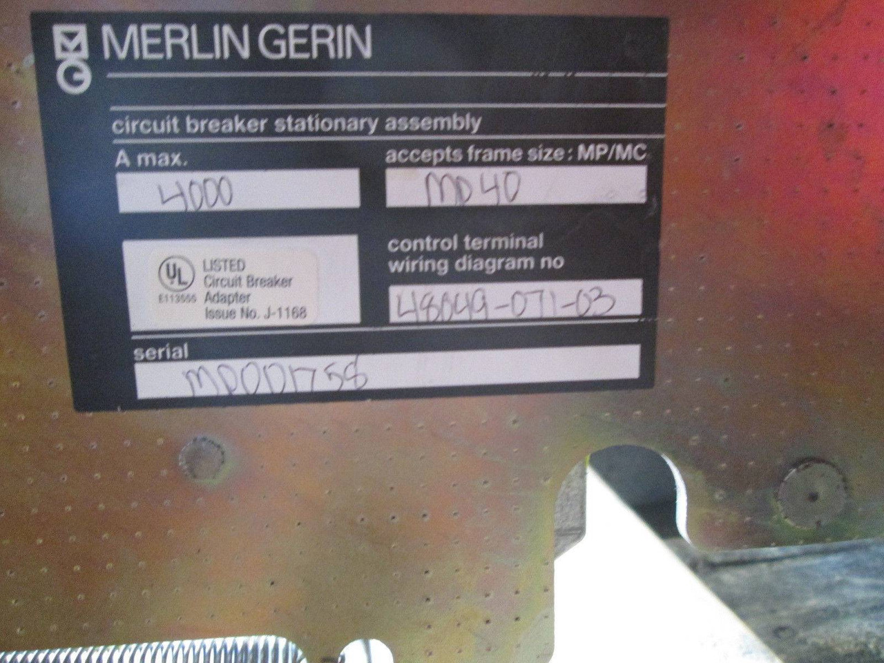 Merlin Gerin Cradle for 4000A MasterPact Breaker Stationary Assembly Square D (EBI2760-1)