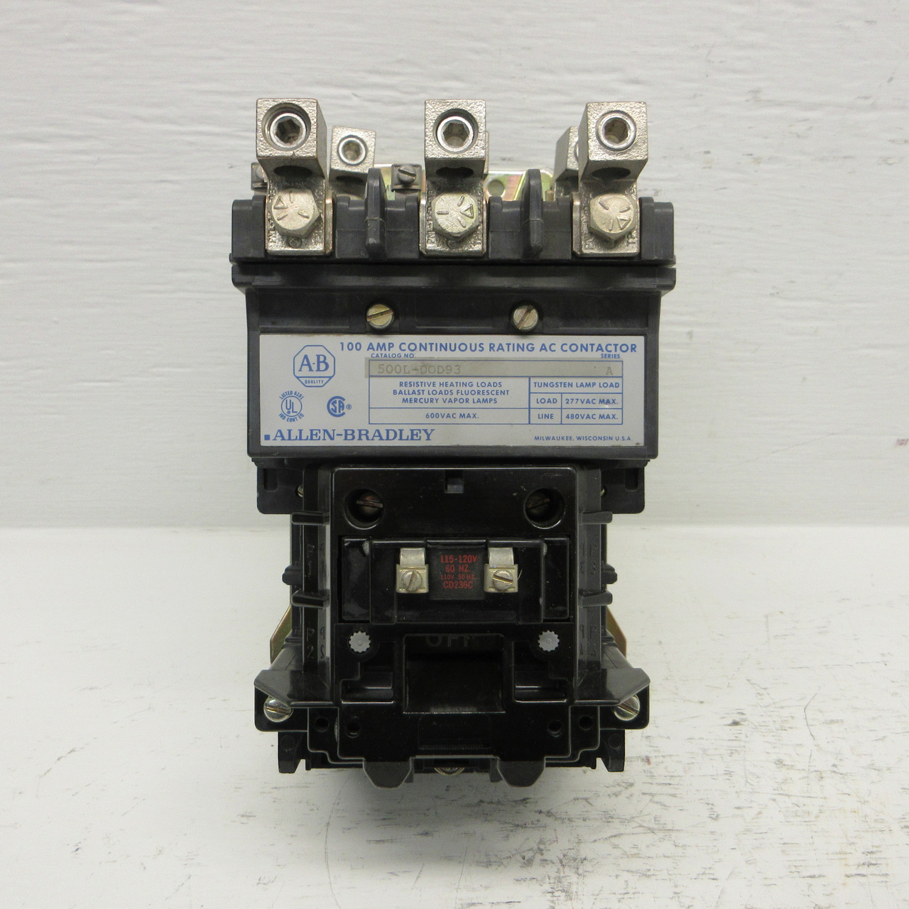 Allen Bradley 500L-DOD93 Lighting Contactor 100A 480/600V 120V Coil 500L-D0D93 (AH0879-1)