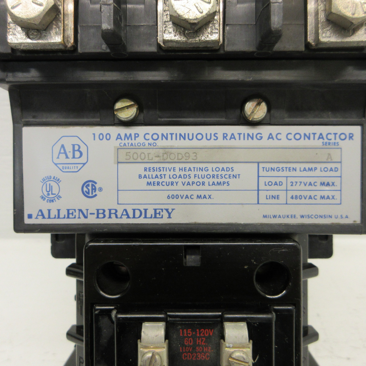 Allen Bradley 500L-DOD93 Lighting Contactor 100A 480/600V 120V Coil 500L-D0D93 (AH0879-1)