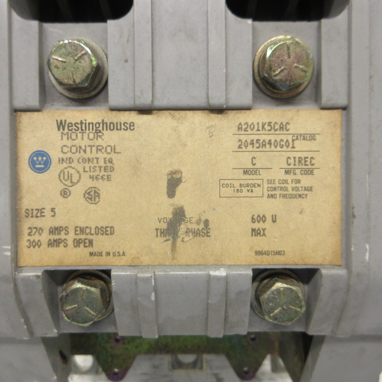 Westinghouse A201K5CAC Size 5 Contactor 480V Coil 270/300 Amps 3PH 600V Model C (AH0893-1)