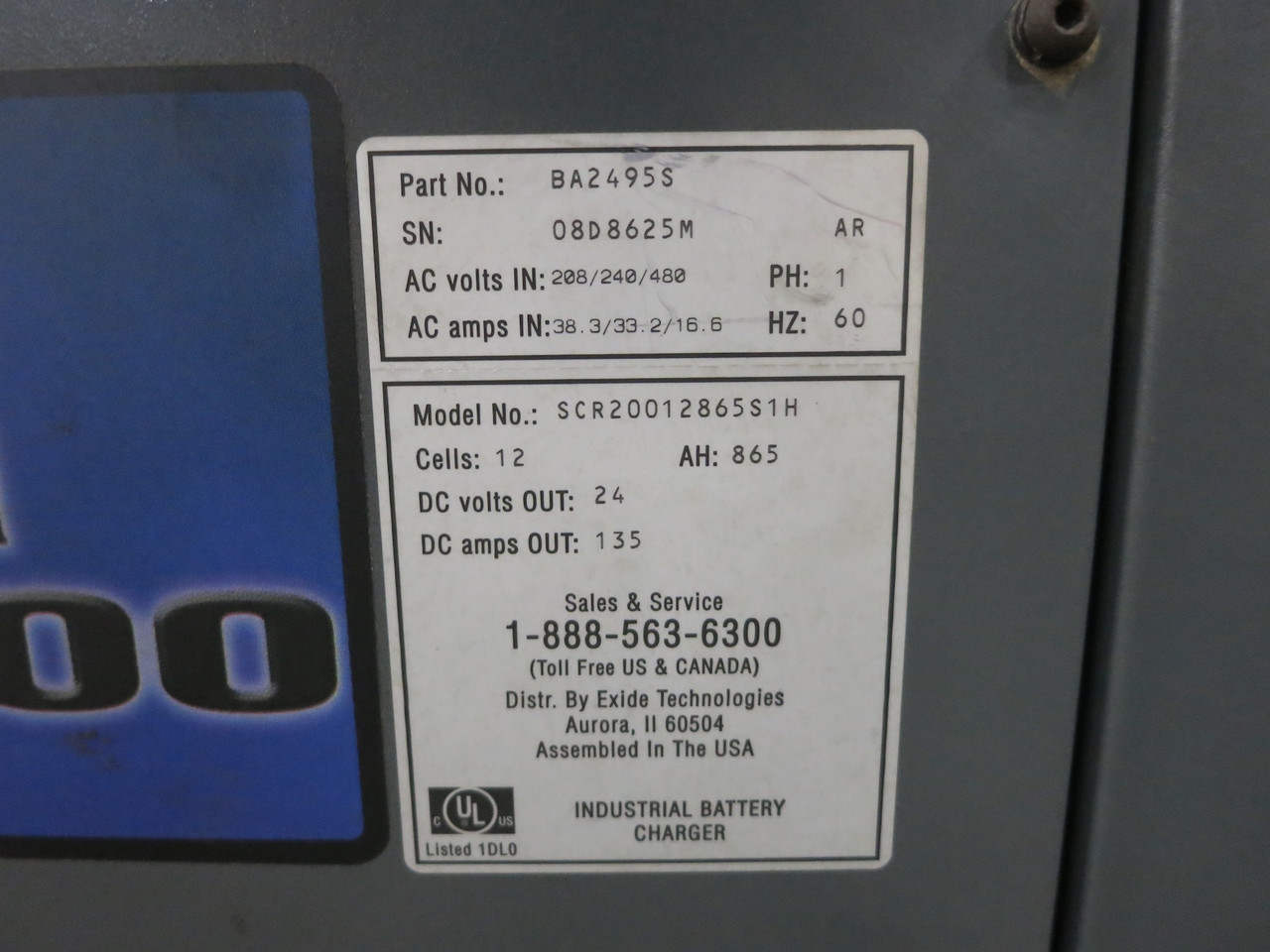 Exide SCR 200 GNR Battery Charger 208/240/480V 1PH - 24 VDC 12 Cell 865 AH 24V (DW7802-1)