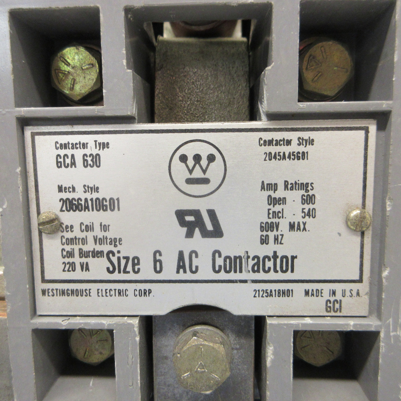 Westinghouse GCA 630 Size 6 Motor Contactor 2066A10G01 600A 600V 400HP 120V Coil (AH0895-1)