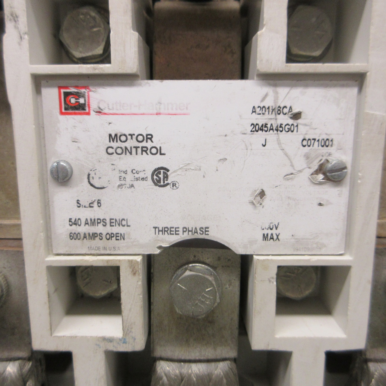 Cutler Hammer A201K6CA Size 6 Starter 540/600 Amps 120V Coil 3PH 600VAC Model J (AH0899-1)