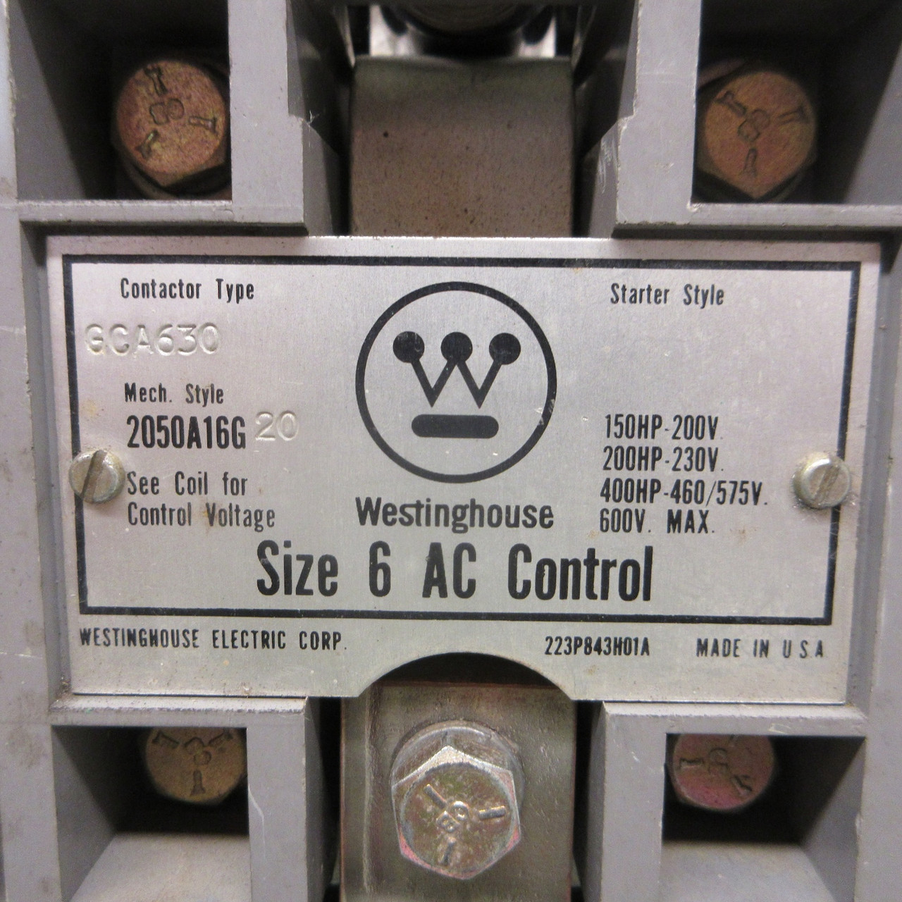 Westinghouse GCA 630 Size 6 Motor Starter 2050A16G20 600A 600V 400HP (NO COIL) (AH0898-1)