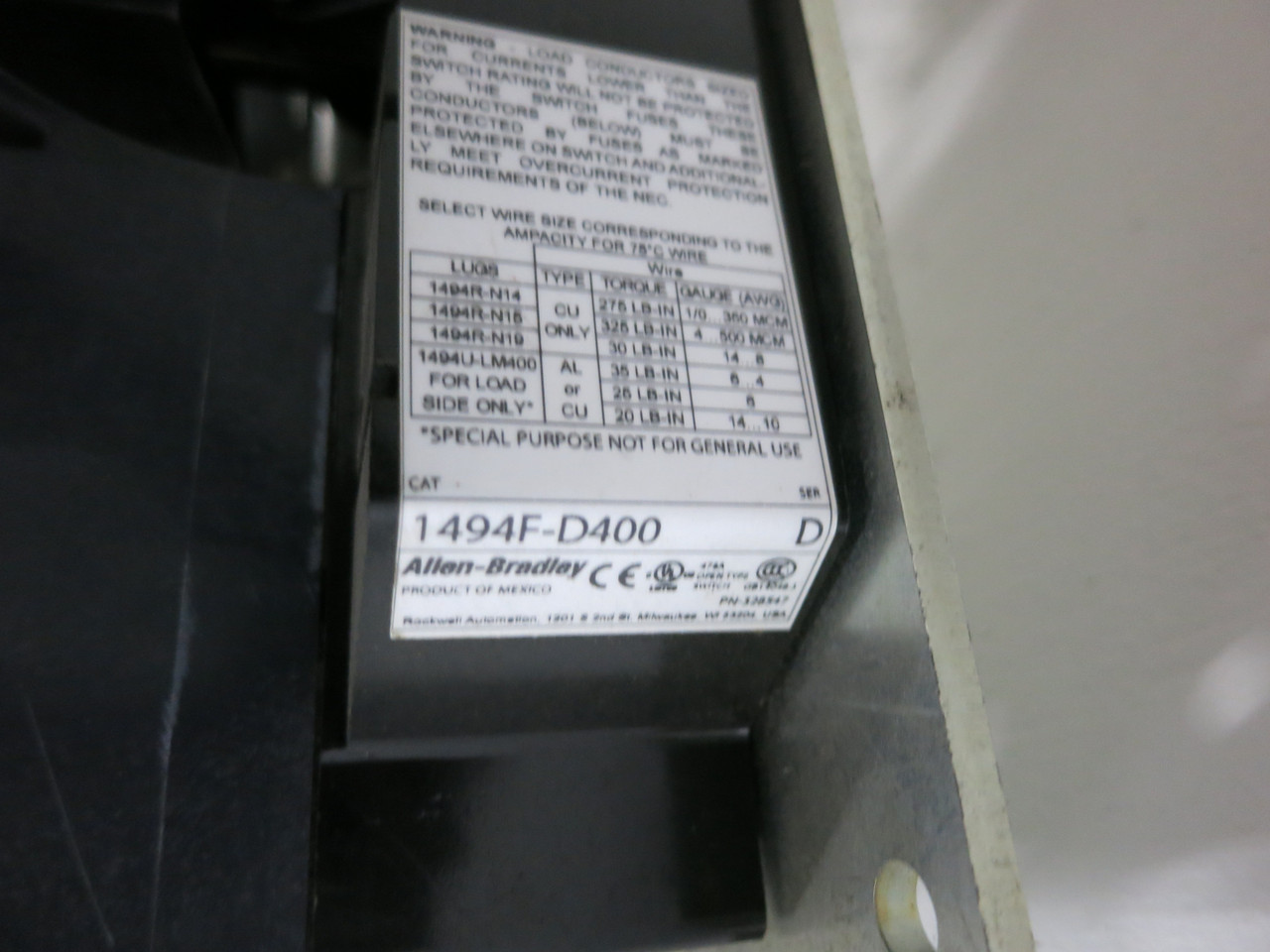 Allen Bradley 1494V-FS400 400A Fusible Disconnect Cable Handle 1494C-CM9 400 Amp (DW7820-1)