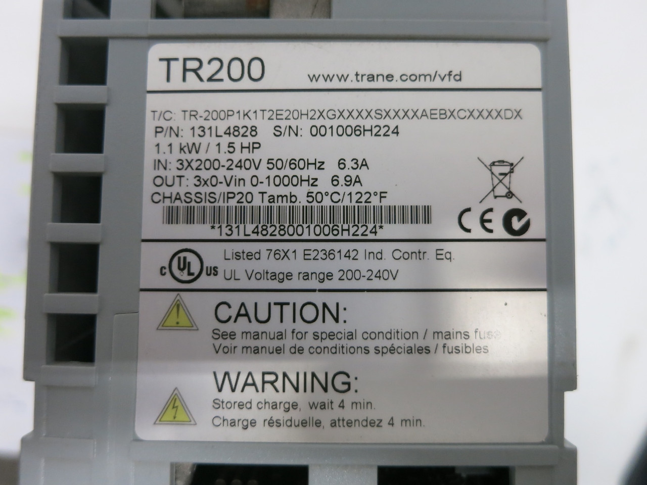 Trane TR200 131L4828 1.5 HP AC VS Drive 240V 3PH VFD 240 VAC HVAC 6.9A 1.1 kW (DW7824-3)