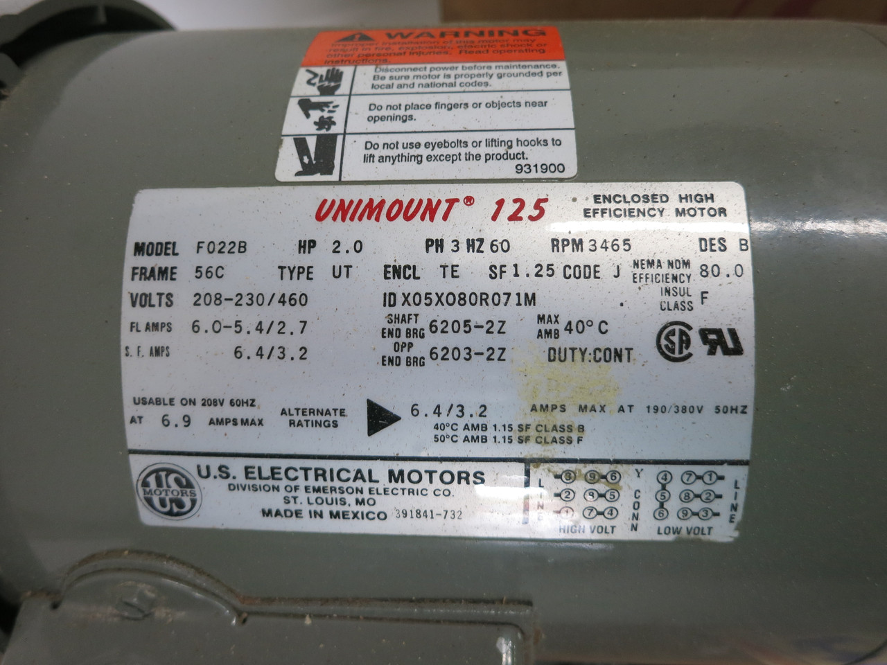 NEW US Motors F022 2 HP AC Motor 208-230/460V 3465 RPM F022B 56C UT TE F022-B (DW7832-1)