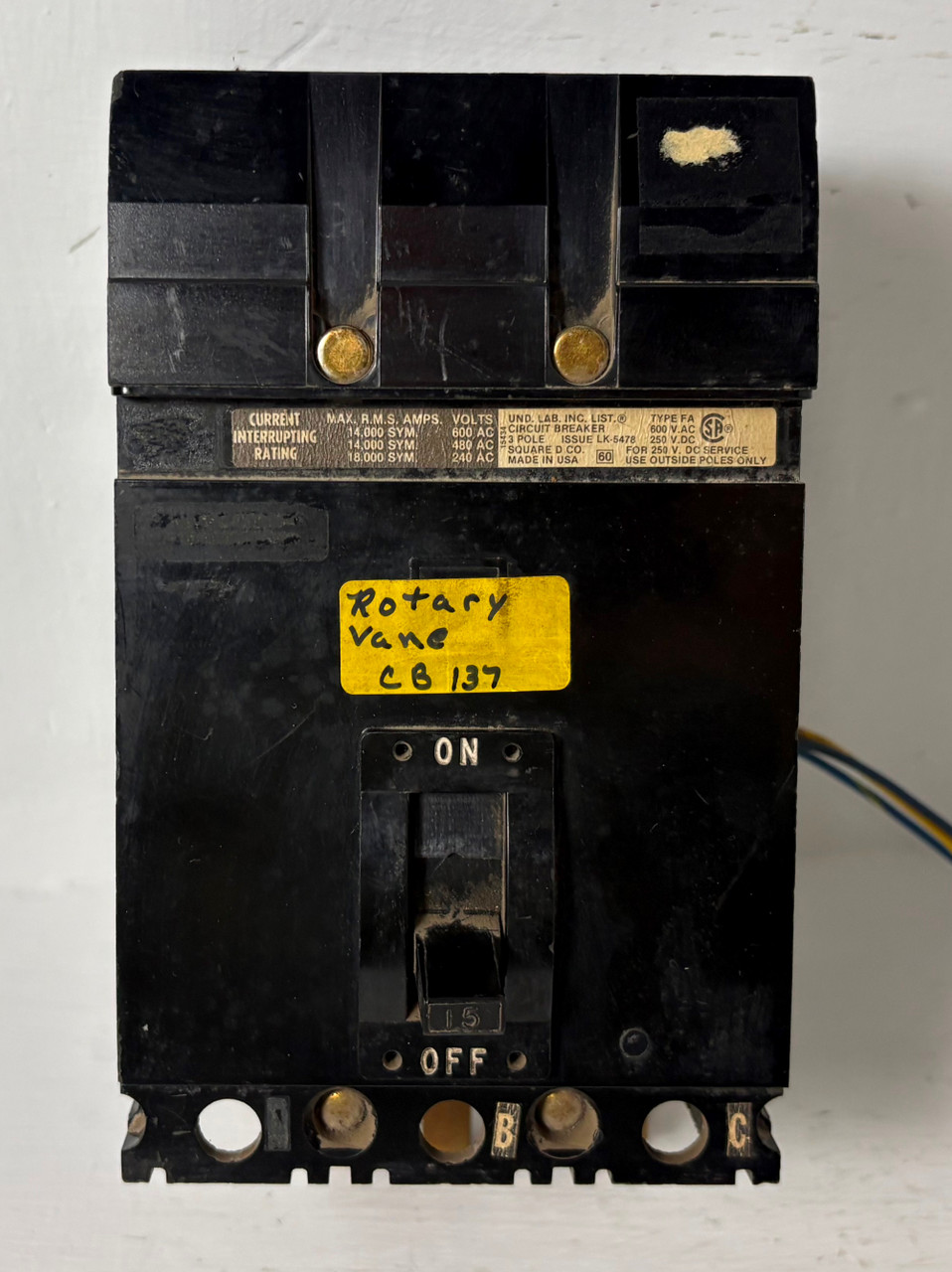 Square D I-Line FA360151212 15A Circuit Breaker Black w/ Aux 600V 3P FA 15 Amp (EM5760-2)