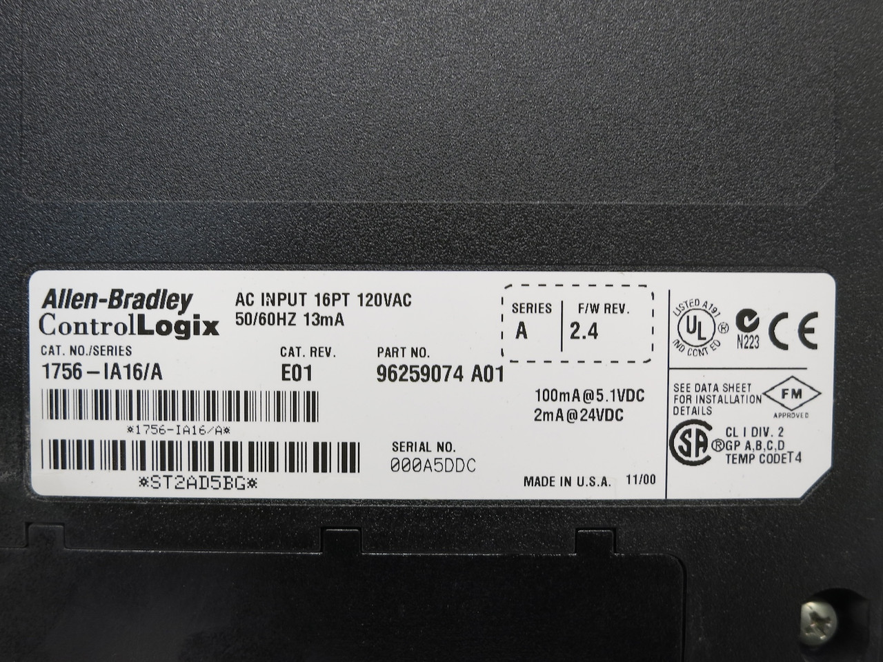 Allen Bradley 1756-IA16 Ser A Rev E01 FW 2.4 AC Input Module ControlLogix PLC (DW7851-1)