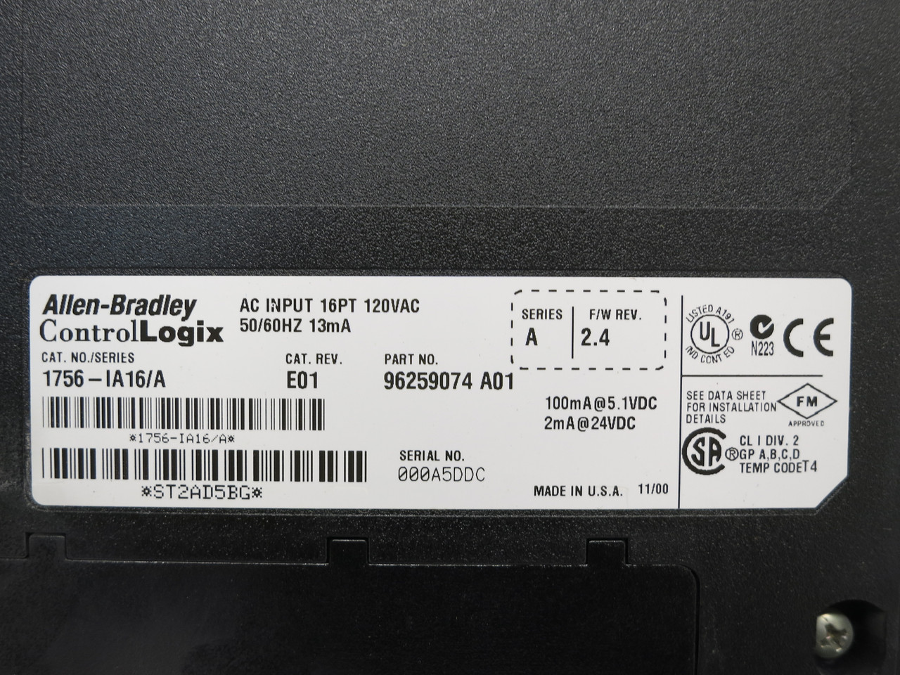 Allen Bradley 1756-IA16 Ser A Rev E01 FW 2.4 AC Input Module ControlLogix PLC (DW7851-1)