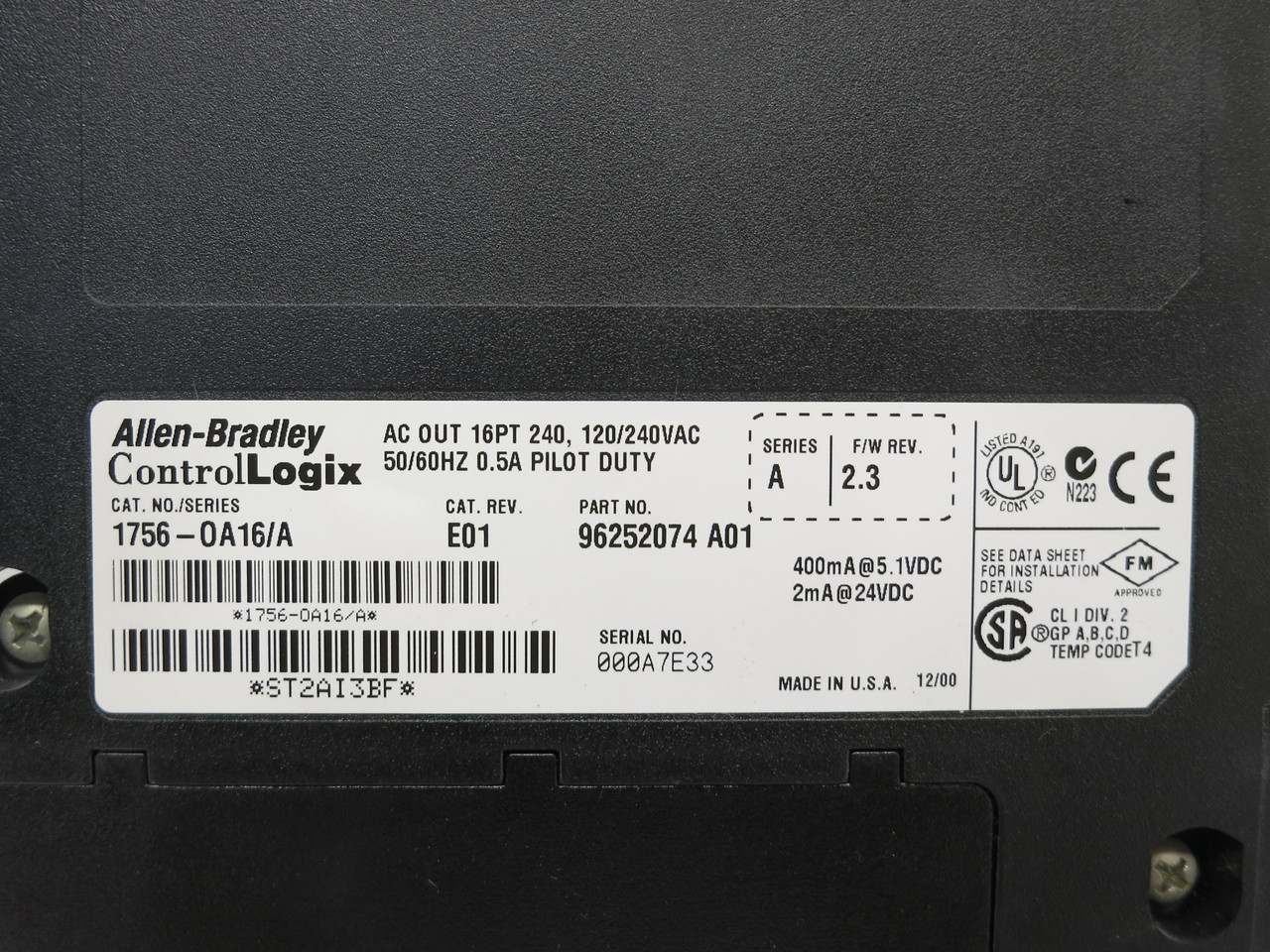 Allen Bradley 1756-OA16 Ser A Rev E01 FW 2.3 ControlLogix AC Output PLC Module (DW7850-2)