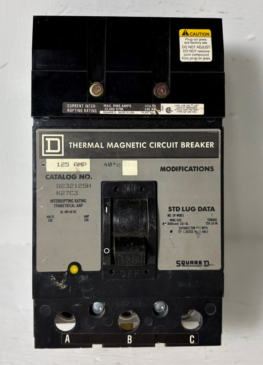 Square D I-Line Q232125H 125A Circuit Breaker 240 VAC 3 Pole Type Q2 125 Amp (EM5761-2)