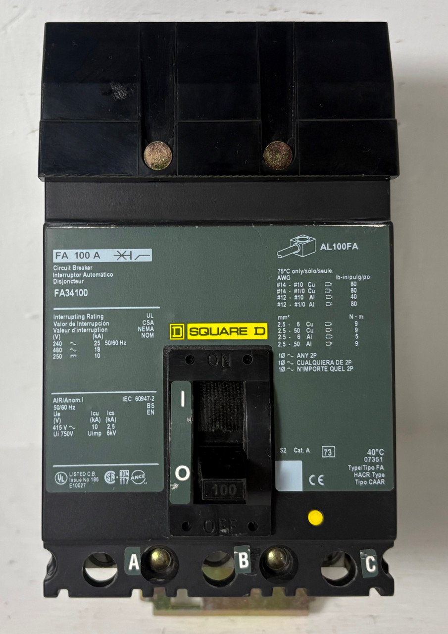Square D I-Line FA34100 100A Circuit Breaker Green Label 480V 3P Type FA 100 Amp (EM5762-1)