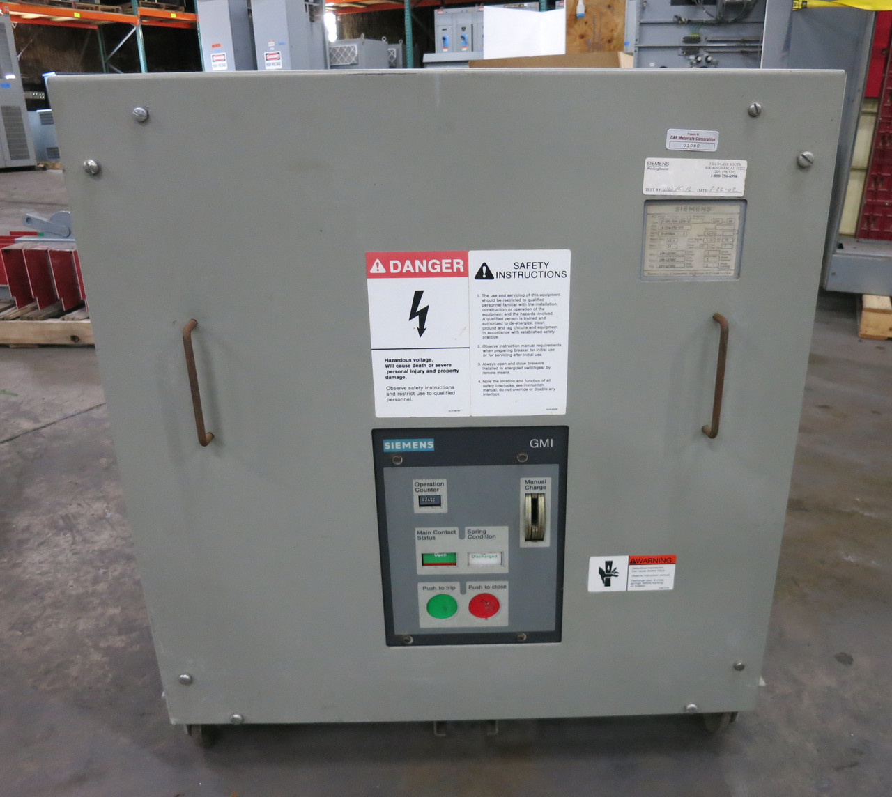 Siemens 15-GMI-500-1200-37 1200A 15kV Vacuum Circuit Breaker 1200 Amp VS-10006 (DW7855-1)
