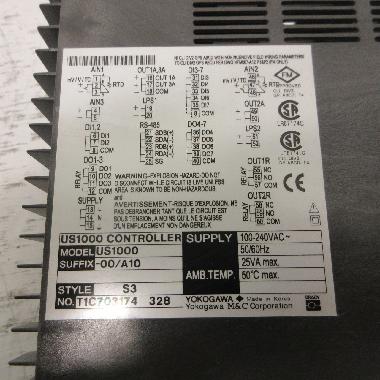 Yokogawa US1000-00/A10 Temperature Controller (Style S3) 100-240VAC US1000 25VA (AH0922-53)