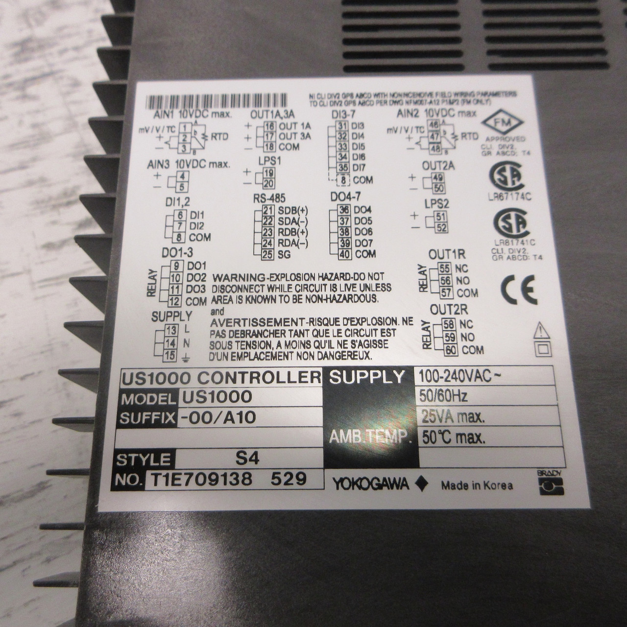 Yokogawa US1000-00/A10 Temperature Controller (Style S4) 100-240VAC US1000 25VA (AH0923-10)
