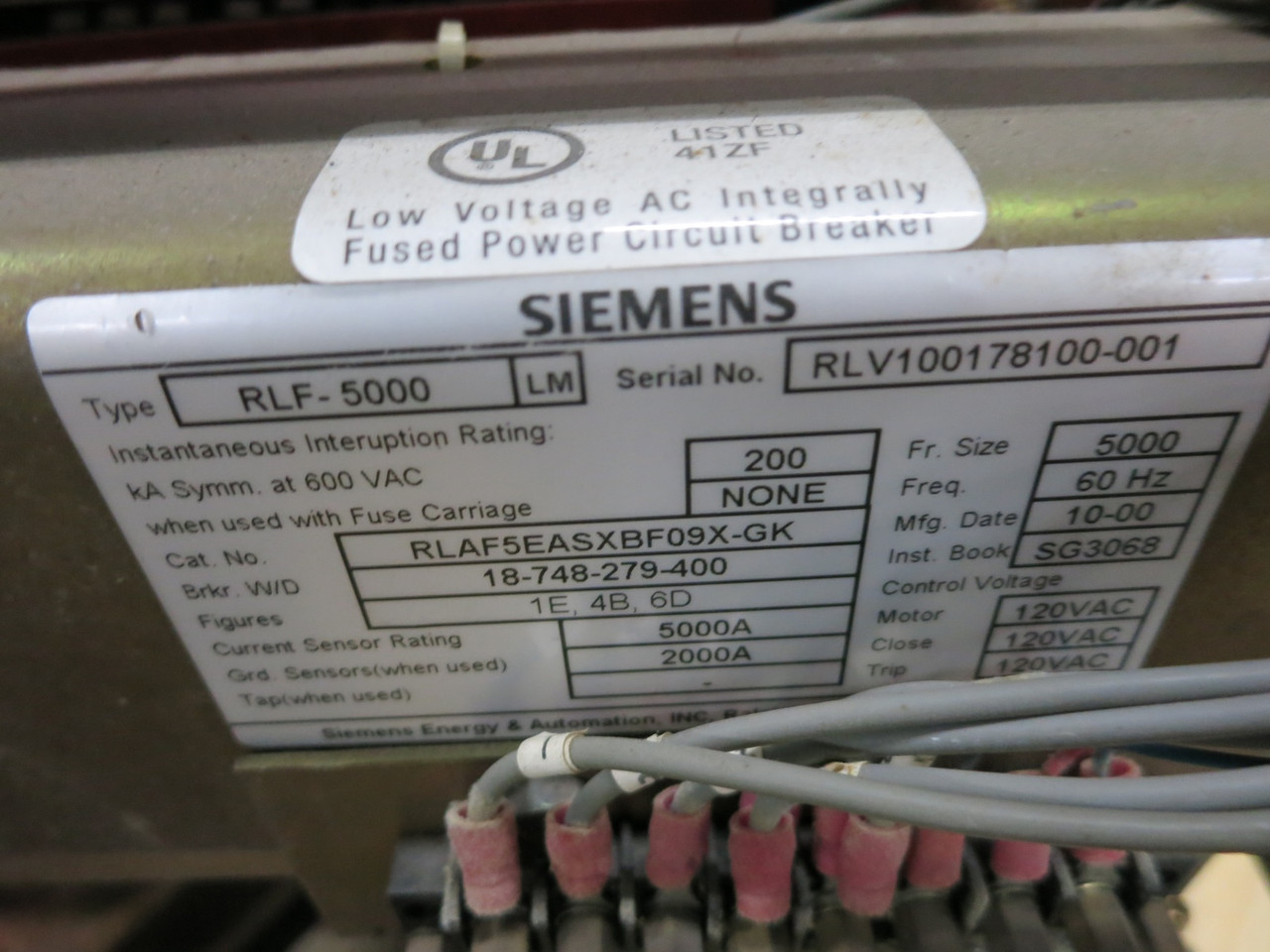 Siemens RLF-5000 5000A Air Breaker LSIG Static Trip III RMS-TSIG-TZ 5000 Amp (DW7862-1)