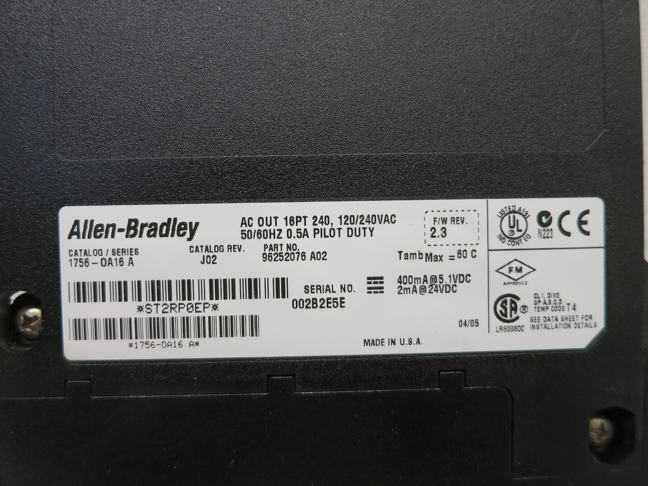 Allen Bradley 1756-OA16 Ser A Rev J02 FW 2.3 ControlLogix AC Output PLC Module (DW7866-1)