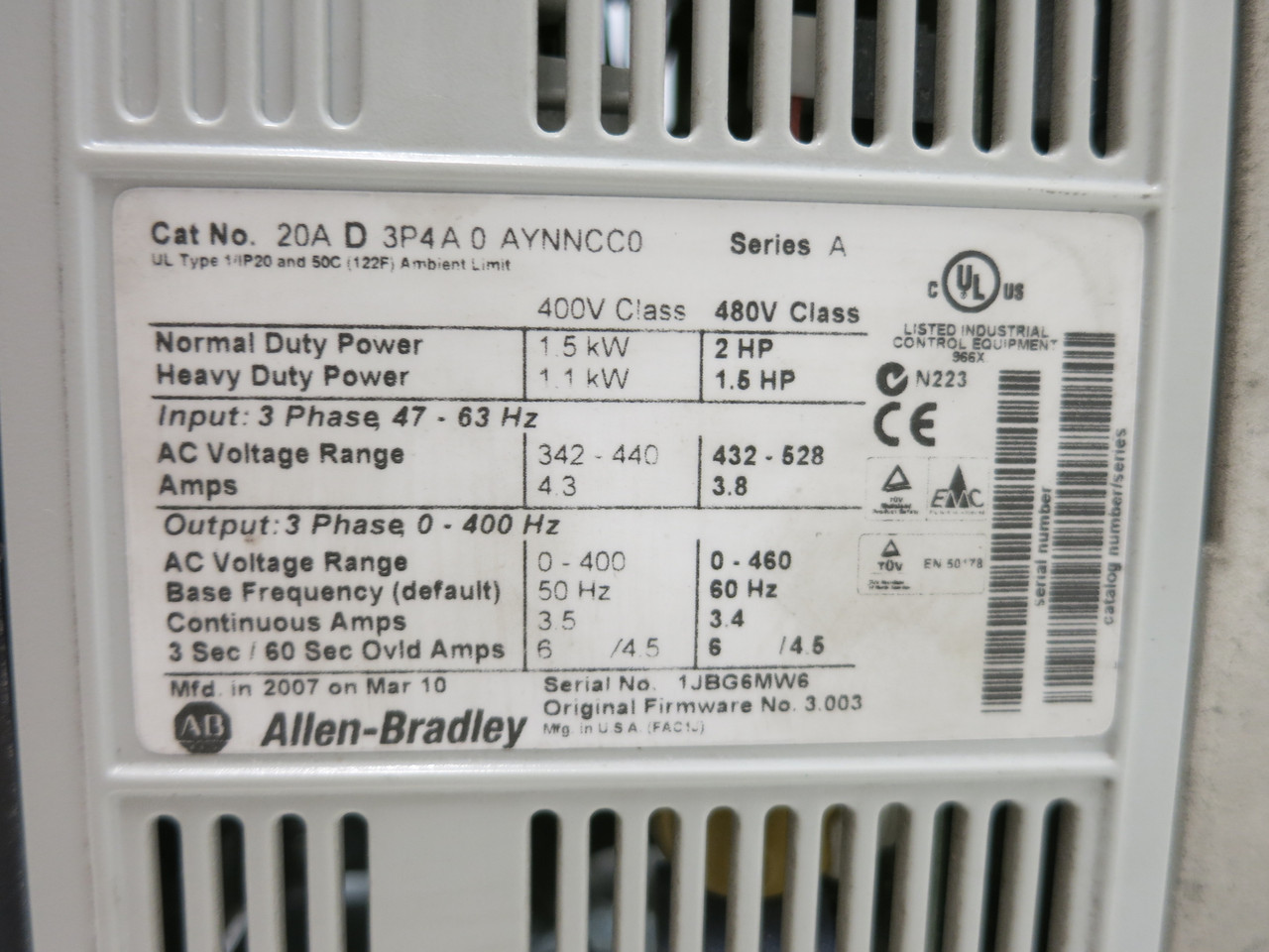 Allen Bradley 20AD3P4A0AYNNCC0 2 HP PowerFlex 70 480V AC VS Drive FW 3.003 Ser A (DW7879-1)