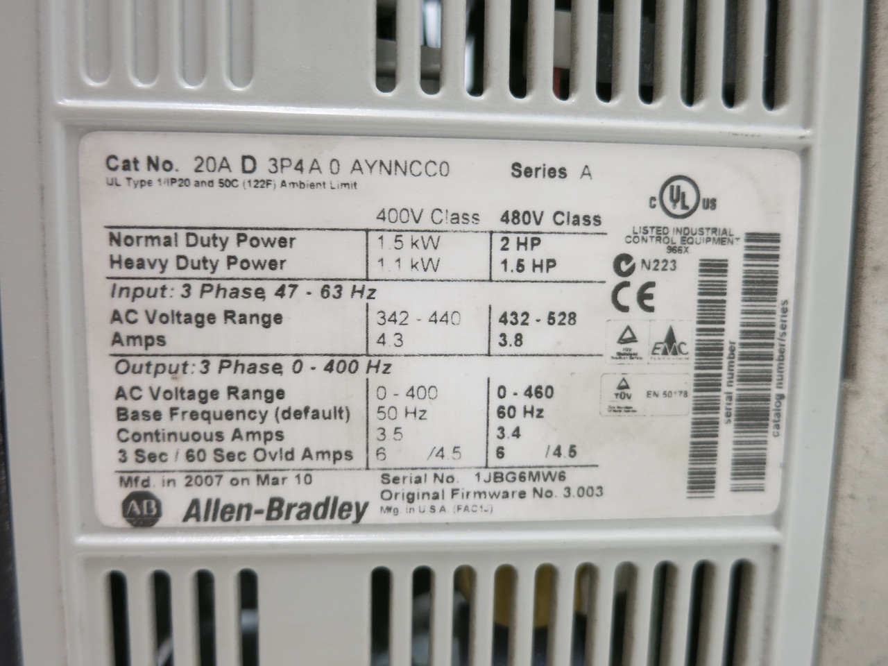 Allen Bradley 20AD3P4A0AYNNCC0 2 HP PowerFlex 70 480V AC VS Drive FW 3.003 Ser A (DW7879-1)