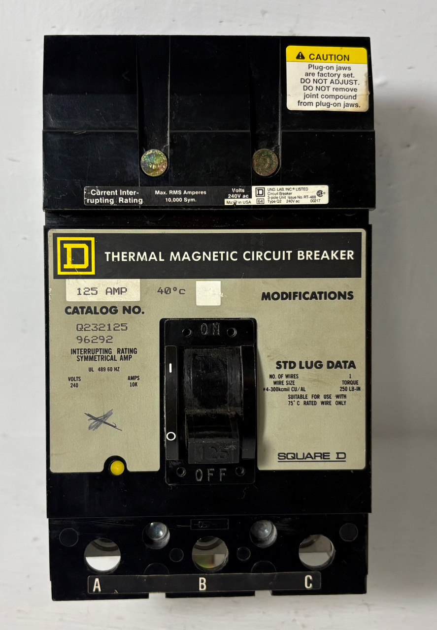 Square D I-Line Q232125 125A Circuit Breaker 240 VAC 3 Pole Type Q2 125 Amp 3P (EM5769-4)