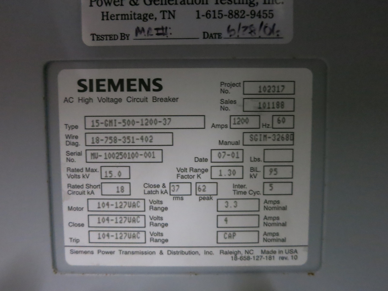 Siemens GM Switchgear 1200A 15kV Vacuum Circuit Breaker Panel 1200 Amp MV GMI (DW7883-1)