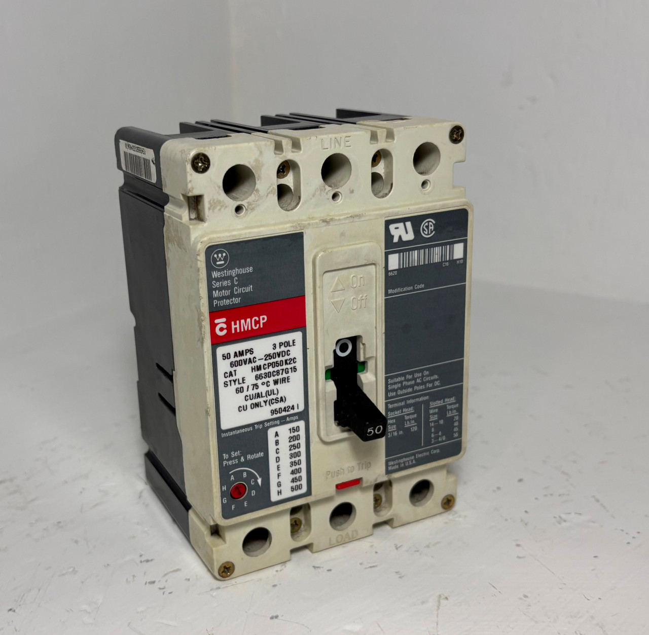Image of Westinghouse HMCP050K2C 50A Circuit Breaker Glossy 480/600V 3 Pole HMCP 50 Amp