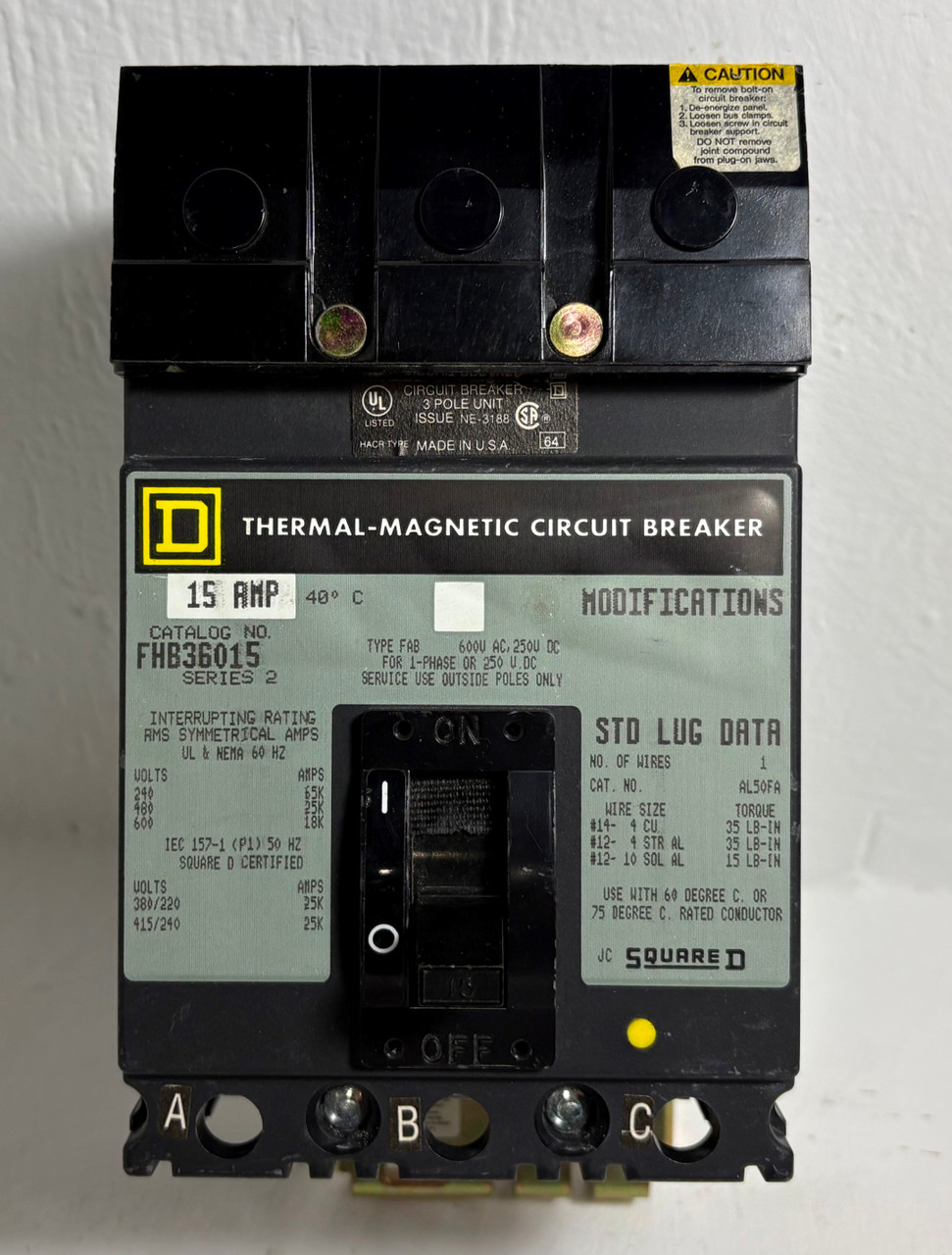 Square D I-Line FHB36015 15A Circuit Breaker 480/600V 3 Pole Type FAB 15 Amp 3P (EM5777-1)