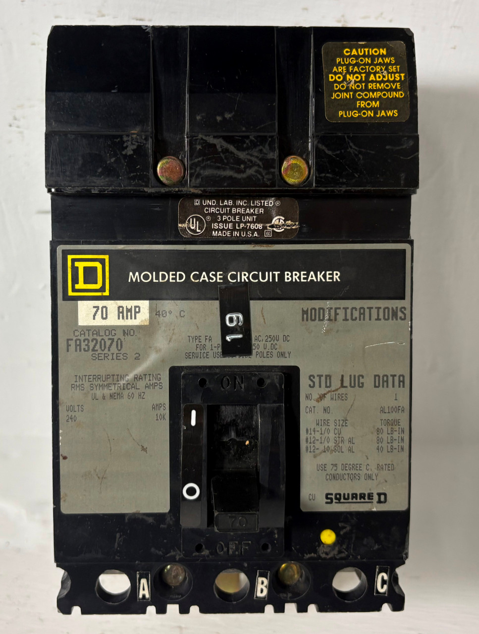 Square D I-Line FA32070 70A Circuit Breaker 240 VAC 3 Pole Type FA 70 Amp 3P (EM5776-2)