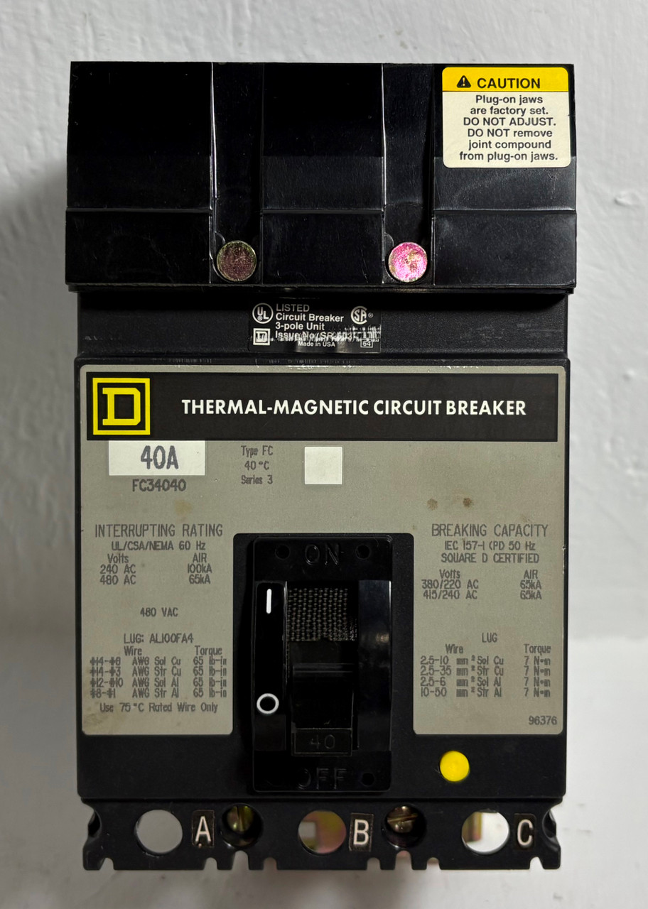 Square D I-Line FC34040 40A Circuit Breaker 480 VAC 3 Pole Type FC S3 40 Amp 3P (EM5778-1)