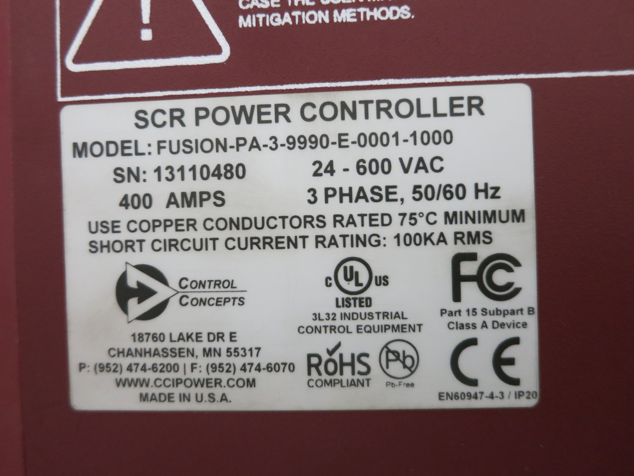 CCI Fusion-PA-3-9990-E-0001-1000 400A SCR Power Controller 3PH 600V 400 Amp (DW7911-1)