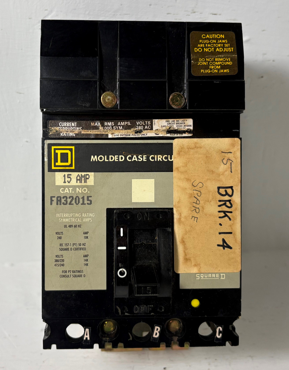 Square D I-Line FA32015 15A Circuit Breaker 240 VAC 3 Pole Type FA 15 Amp 3P (EM5794-1)
