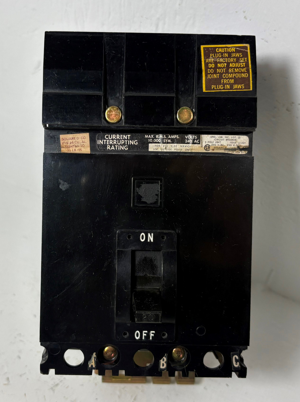 Square D I-Line FA32020 20A Circuit Breaker Black 240 VAC 3 Pole Type FA 20 Amp (EM5793-11)