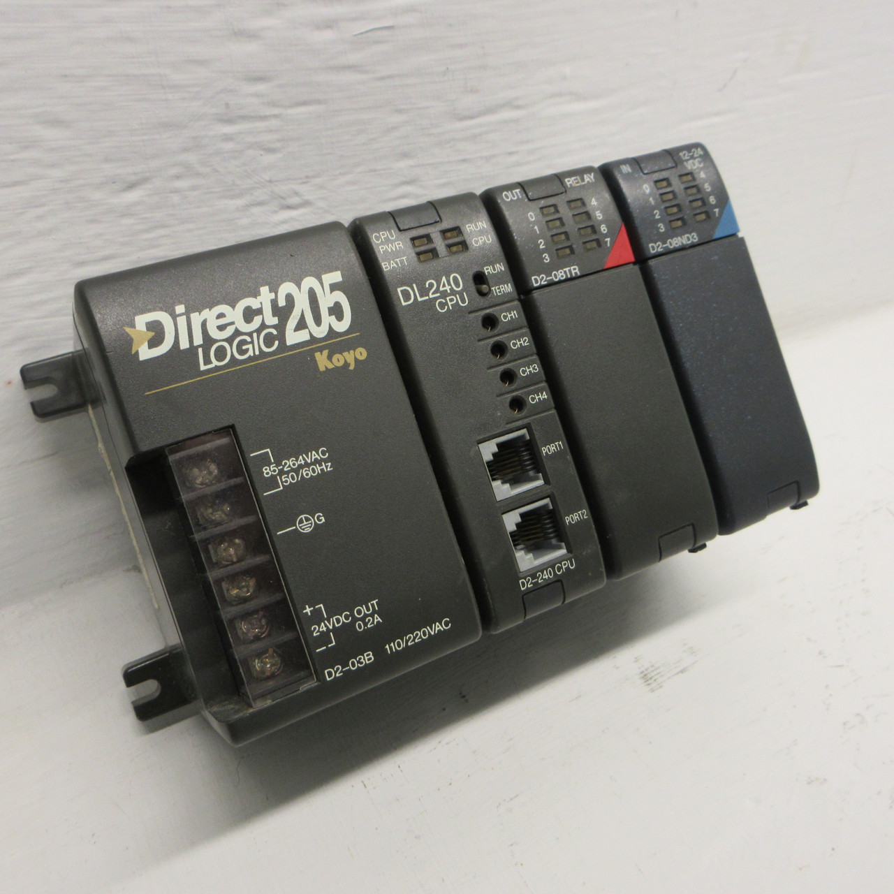 Direct Logic 205 Koyo 3 Slot Rack Module PLC D2-03B w/ D2-240, D2-08TR, D2-08ND3 (AH0949-1)