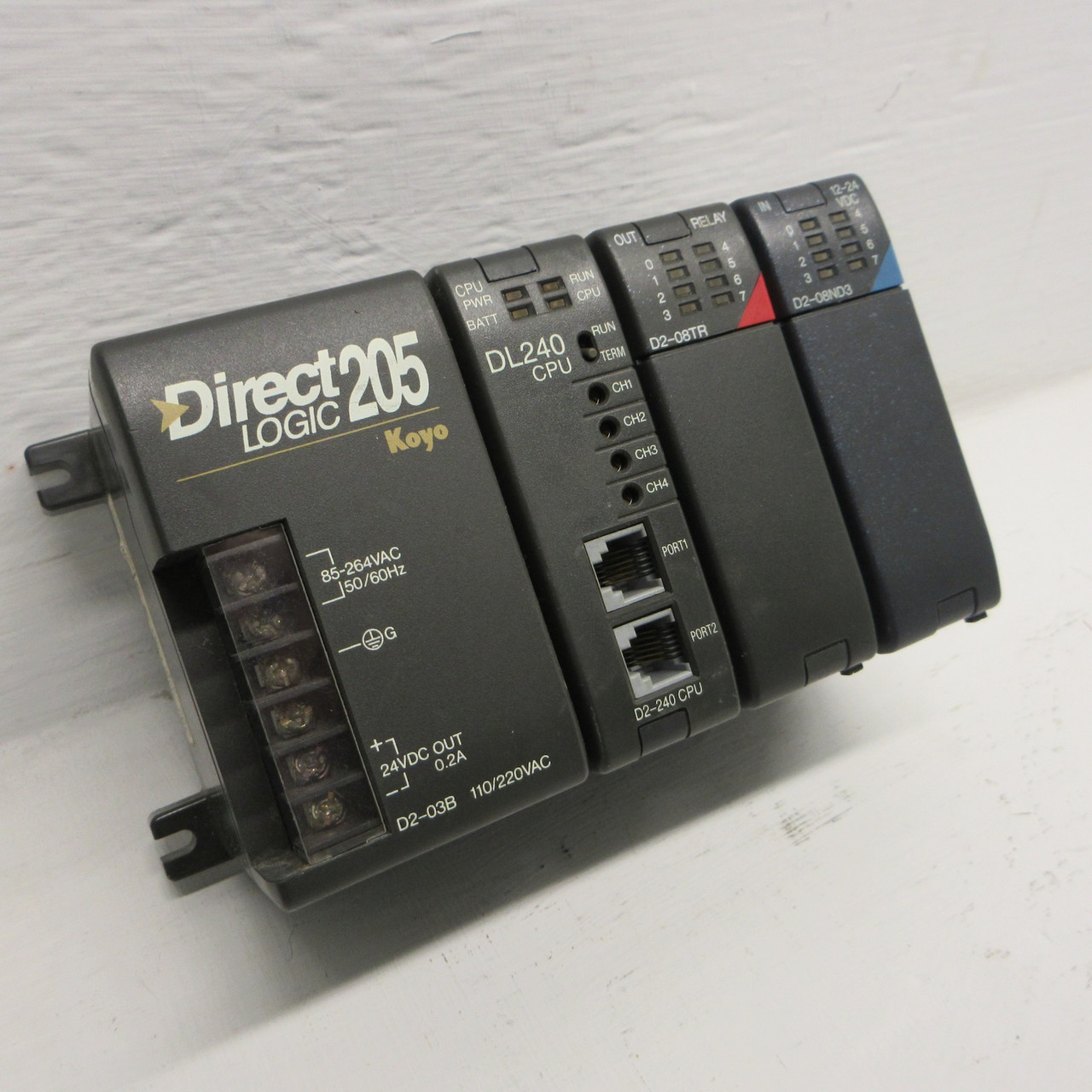 Direct Logic 205 Koyo 3 Slot Rack Module PLC D2-03B w/ D2-240, D2-08TR, D2-08ND3 (AH0949-1)