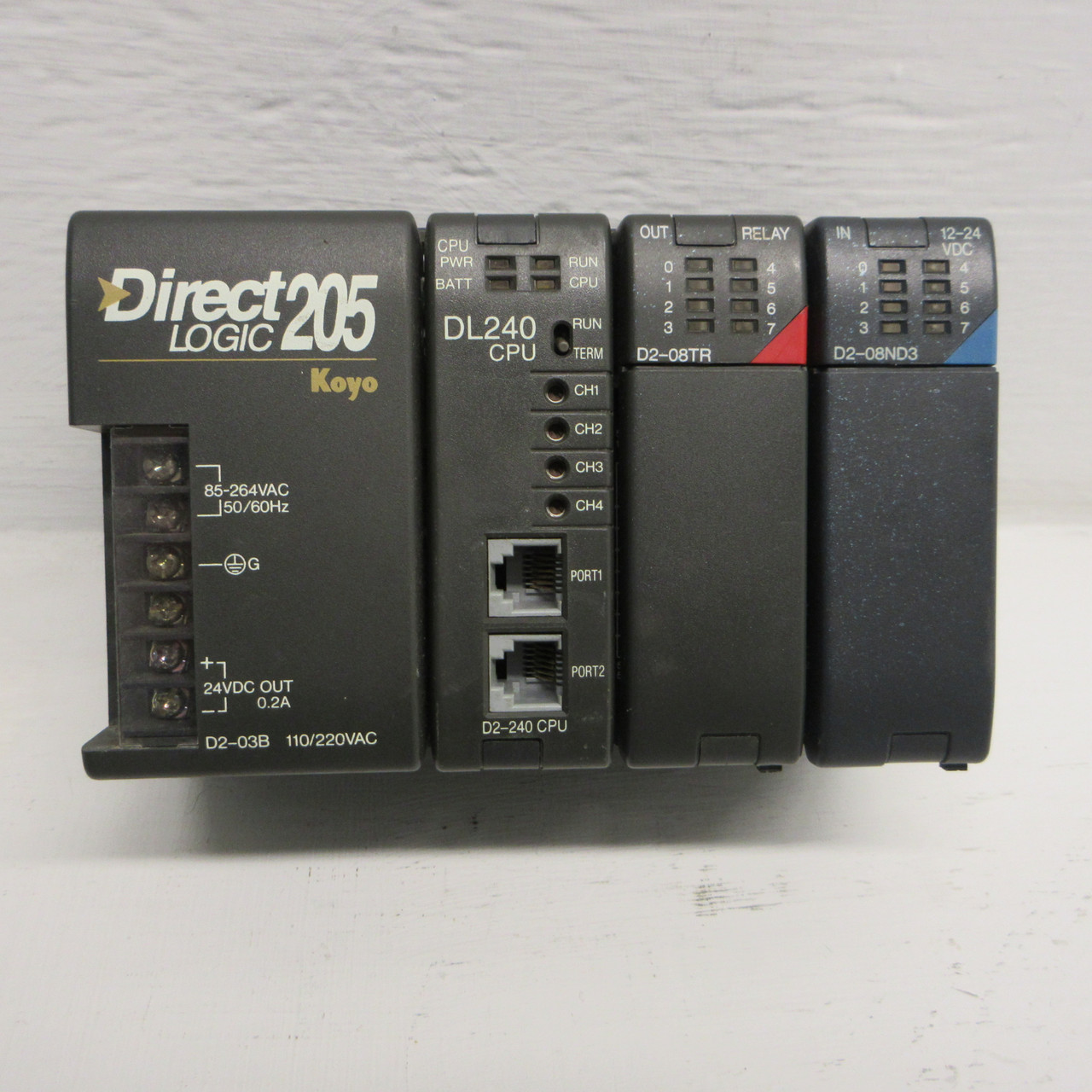 Direct Logic 205 Koyo 3 Slot Rack Module PLC D2-03B w/ D2-240, D2-08TR, D2-08ND3 (AH0949-1)