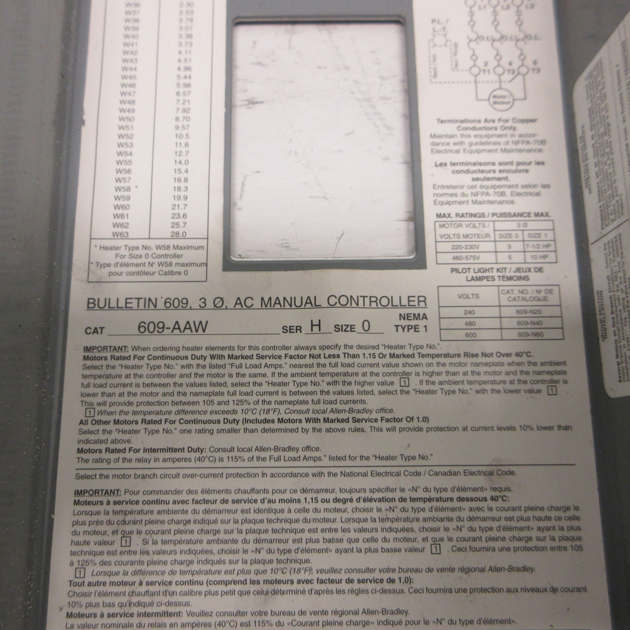 Allen Bradley 609-AAW Size 0 Manual Starter Ser H 3PH NEMA Type 1 609-AOW 609AAW (AH0957-3)