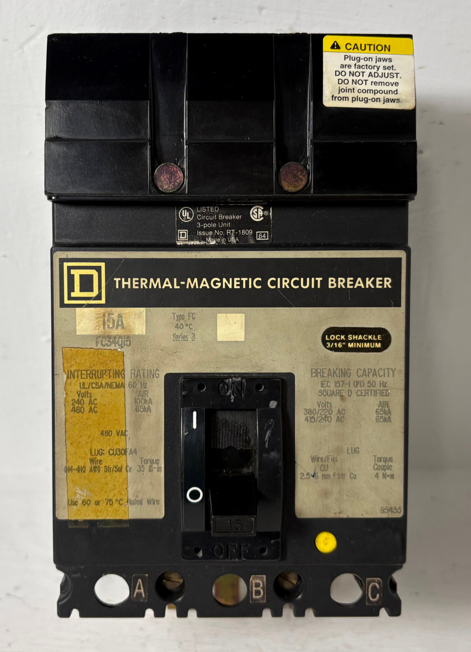 Square D I-Line FC34015 15A Circuit Breaker 480 VAC 3 Pole Type FC 15 Amp 3P (EM5799-3)