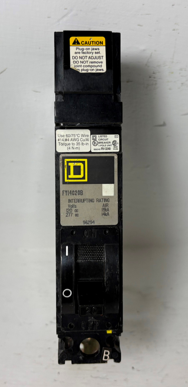 Square D I-Line FY14020B 20A 1 Pole Circuit Breaker Thick 277V FY14020 1P 20 Amp (EM5803-2)