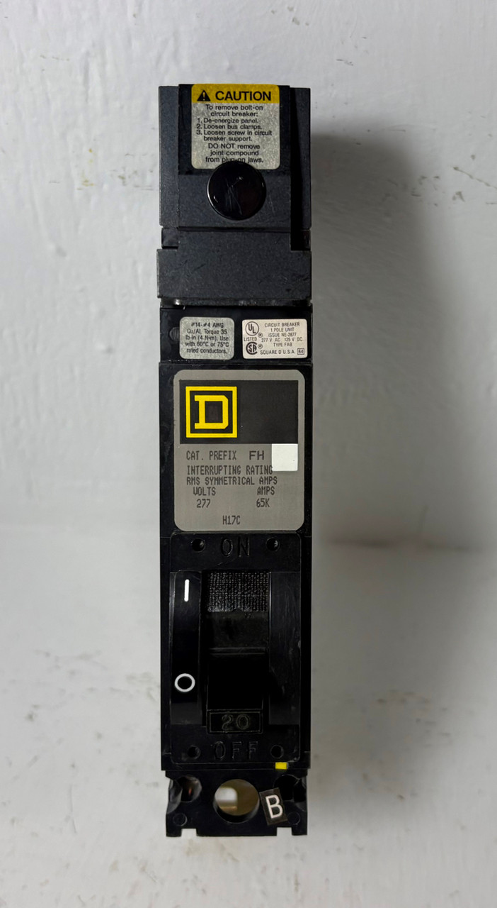 Square D I-Line FHB16020B 20A 1 Pole Circuit Breaker 277V FAB FHB16020 20 Amp 1P (EM5808-2)