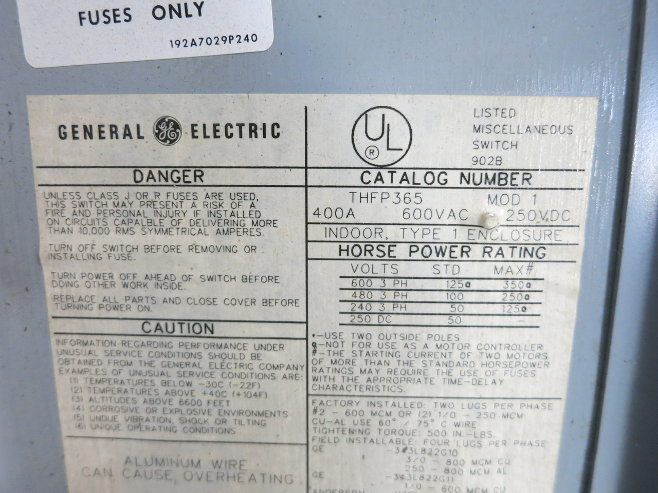 GE THFP365 400A Type QMR Fusible Panelboard Switch w/ Hardware 400 Amp QMR365 (DW7934-1)