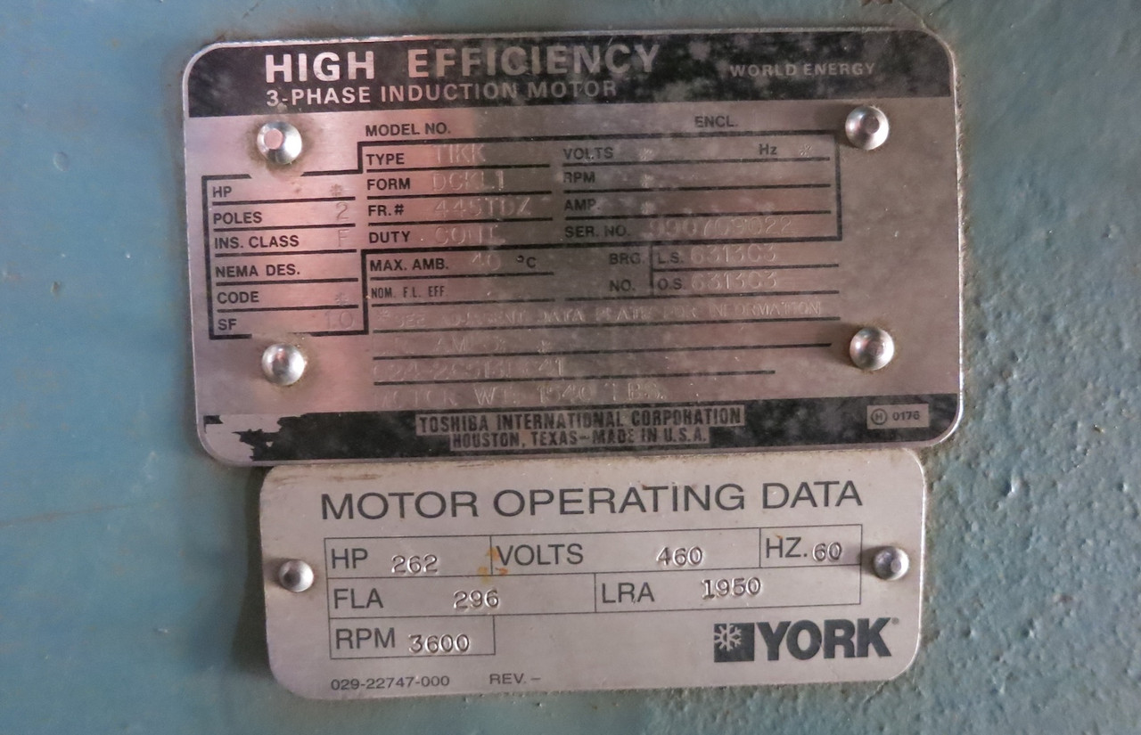 Toshiba 262 HP 460V AC Chiller Compressor Motor 3600 RPM TIKK 445TDZ 296 FLA (DW7936-1)