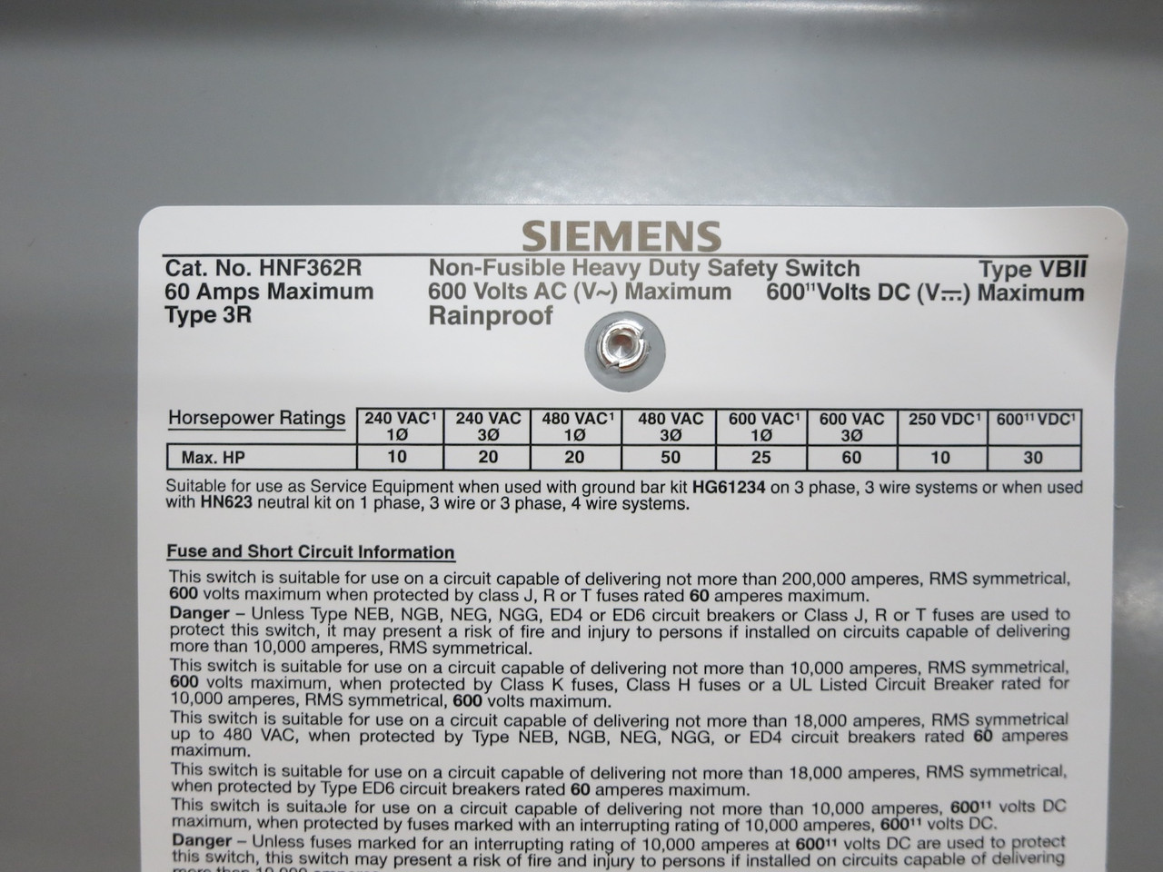 NEW Siemens HNF362R 60A 600V Non-Fusible Safety Switch Disconnect 60 Amp 3R NIB (DW7937-17)