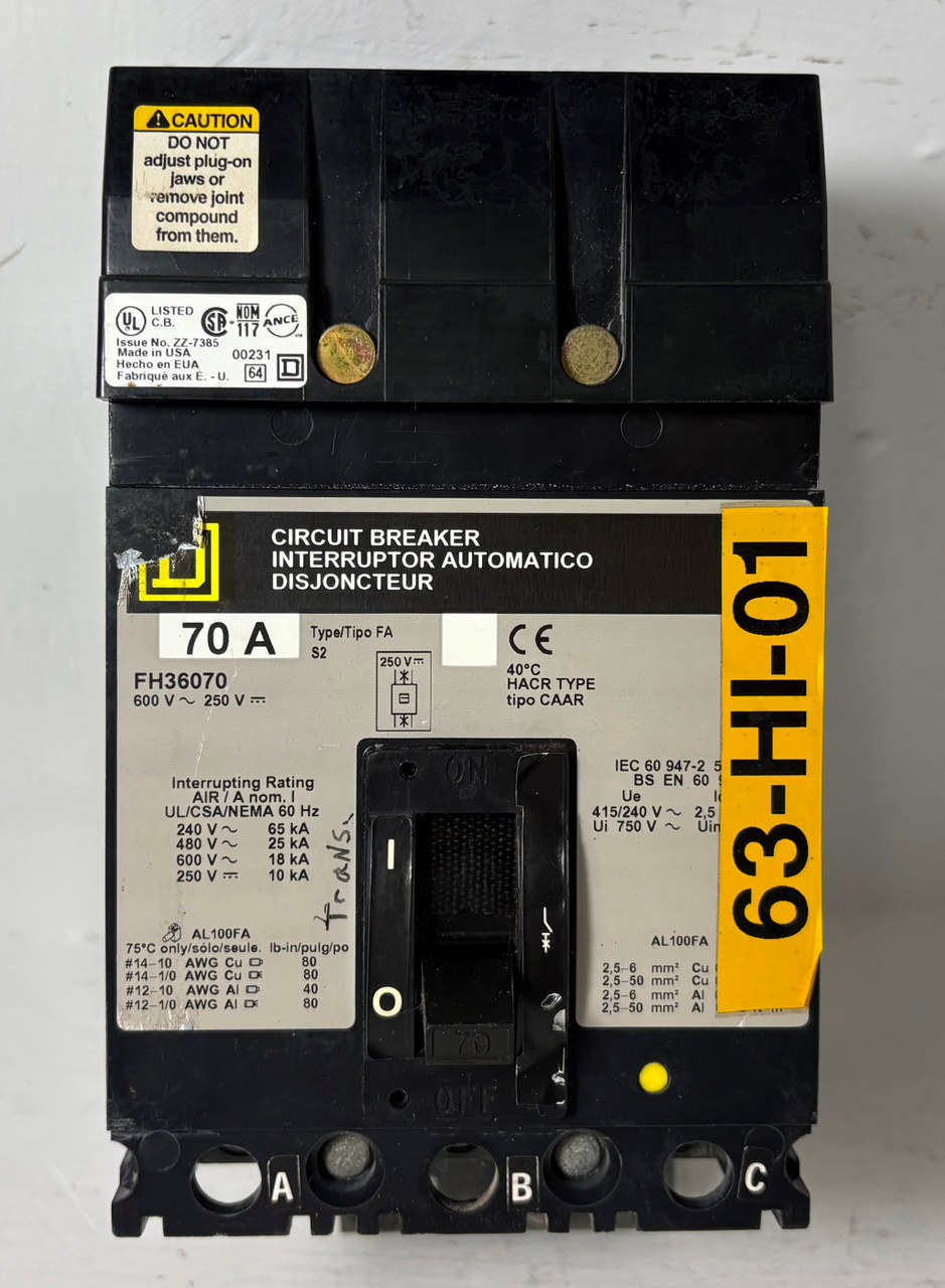 Square D I-Line FH36070 70A Circuit Breaker 480/600V 3P Type FA 70 Amp 3P HACR (EM5817-3)