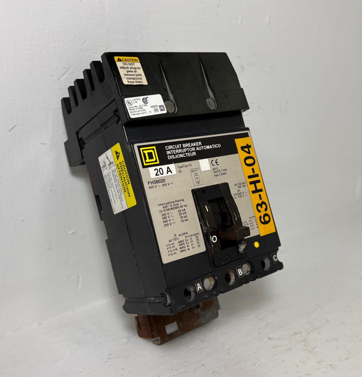 Image of Square D I-Line FH36020 20A Circuit Breaker 480/600V 3 Pole Type FA 20 Amp HACR
