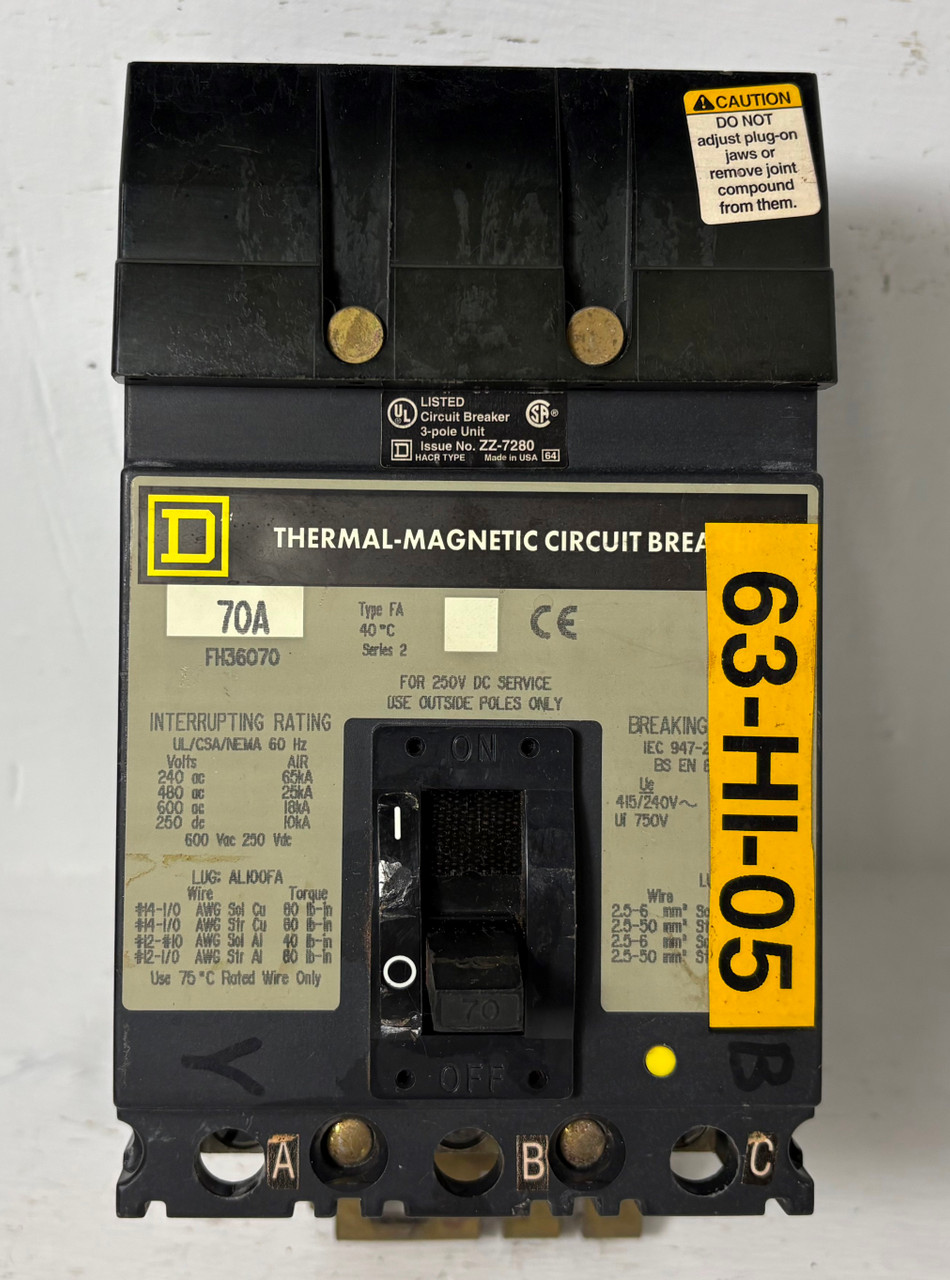 Square D I-Line FH36070 70A Circuit Breaker 480/600V 3 Pole Type FA 70 Amp 3P (EM5816-3)